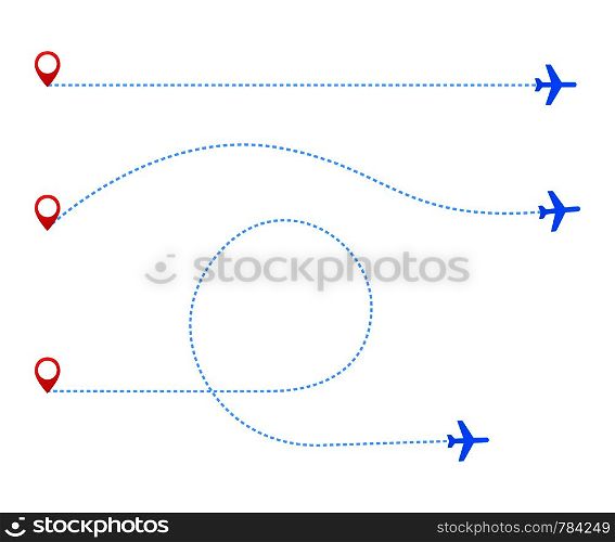 Airplane travel concept. Plane with start point and route dash line on white background. Vector stock illustration.