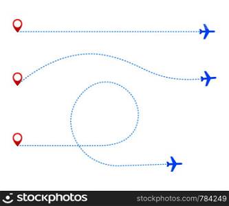 Airplane travel concept. Plane with start point and route dash line on white background. Vector stock illustration.