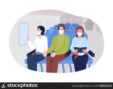 Airplane travel post covid 2D vector isolated illustration. Passenger sitting in facial masks flat characters on cartoon background. After pandemic safety rules for transportation colourful scene. Airplane travel post covid 2D vector isolated illustration