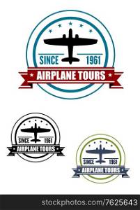 Airplane travel tours icon or emblem with airplane, stars, ribbon and text, suitable for transportation and tourism design
