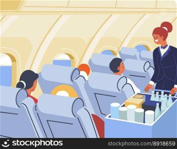 Airplane trip, stewardess or flight attendant on aircraft offering passengers goods and products to try or buy. Woman in uniform talking to people sitting in seats on board. Vector in flat style. Flight assistant selling goods in plane airplane