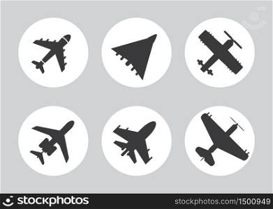 Airplane vector icons: passenger plane, fighter plane and screw. Jet signs for air route, travel, trip websites.. Airplane vector icons: passenger plane, fighter plane and screw. Jet signs for air route