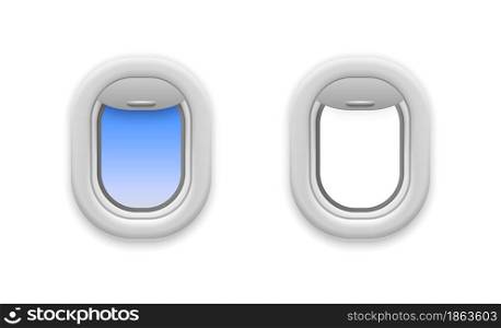 Airplane window open. Realistic aircraft windows. Empty and with blue sky view, realistic illuminator, fuselage porthole mockup, 3d isolated on white background transport object, vector illustration. Airplane window open. Realistic aircraft windows. Empty and with blue sky view, realistic illuminator, fuselage porthole mockup, 3d isolated on white background transport vector object