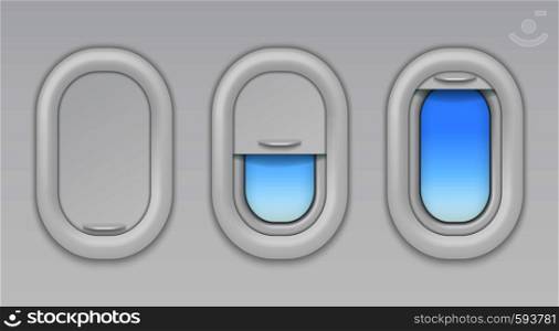 Airplane windows. Aircraft portholes with blue sky and fuselage background, vector open closed and half closed types of plane window in wall aeroplane. Airplane windows. Aircraft portholes with blue sky and fuselage background, vector open closed and half closed types of plane window