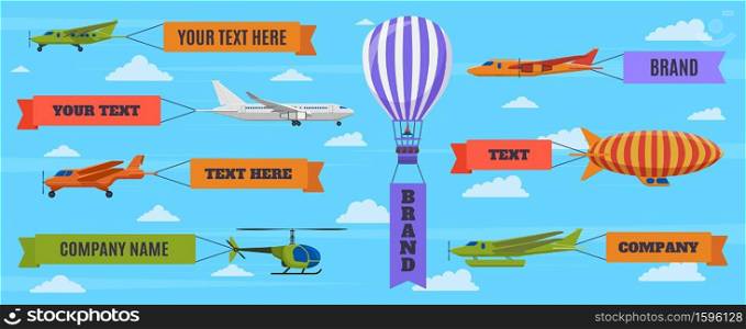 Airplane with banners. Planes, biplane, hot air balloon and airship with advertising banners. Flying vehicles with ad ribbons vector illustration. Aviation transport flying in sky with place for ad. Airplane with banners. Planes, biplane, hot air balloon and airship with advertising banners. Flying vehicles with ad ribbons vector illustration