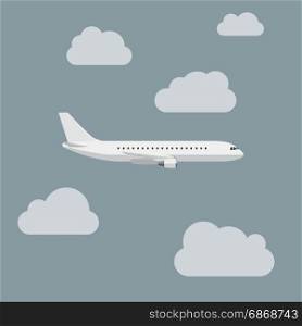 Airplane with clouds. Plane with clouds in flat style. Vector side view of airplanes.