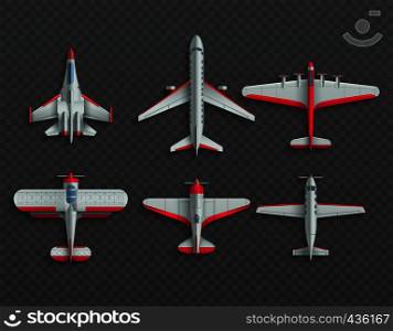 Airplanes and military aircraft top view. 3d airliner and fighter vector icons. Airplane top view, air transport model illustration. Airplanes and military aircraft top view. 3d airliner and fighter vector icons