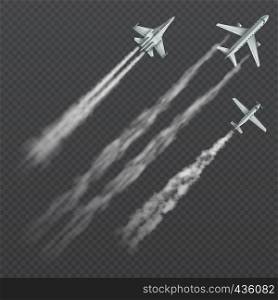 Airplanes and military fighters with condensation smoky trail isolated vector collection. Aviation aircraft flight, fighter in sky illustration. Airplanes and military fighters with condensation smoky trail isolated vector collection