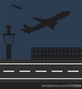 Airplanes fly at the airport. Silhouettes of liners, vector illustration flat design.. Airplanes fly at the airport. Silhouettes of liners, vector illustration flat design