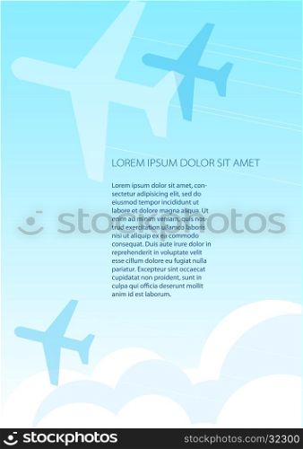 Airplanes flying in the sky. Template layout, cover design, flyer in A4 with background for engineering and nature concept.