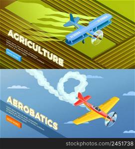 Airplanes helicopters isometric banners set with read more button and images of agricultural and aerobatic aeroplanes vector illustration. Light Aerorplane Banners Collection