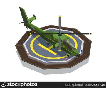 Airplanes helicopters isometric composition with images of military helicopter set on helipad touchdown site landing deck vector illustration. Helicopter Pad Isometric Composition