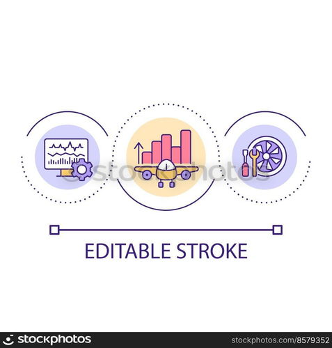 Airplanes maintenance service loop concept icon. Aircraft usage analytics. Industry abstract idea thin line illustration. Isolated outline drawing. Editable stroke. Arial font used. Airplanes maintenance service loop concept icon