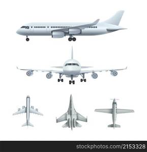 Airplanes. Passenger realistic airplane, army military aircrafts. Isolated flying fighters, transportation logistic vector elements. Plane flight with passenger, air jet illustration. Airplanes. Passenger realistic airplane, army military aircrafts. Isolated flying fighters, transportation logistic vector elements