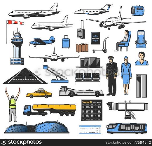 Airport and airplane icons, aviation vector design. Planes, passenger and flight ticket, luggage, passport and security control gate, scanner, departure or arrival terminal, pilot and stewardess. Airplane, aviation, airport, pilot, luggage icons