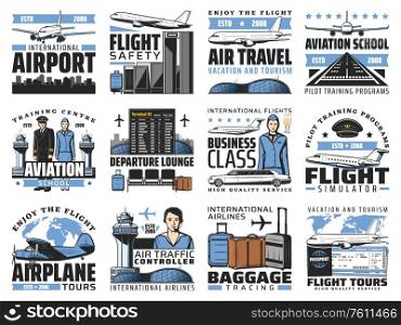 Airport and aviation, aircrew and air travel vector icons. Airplanes, pilot school and flight simulator. Airport air traffic control and baggage tracing service, aviation academy and departure lounge. Airport and aviation, aircrew icons