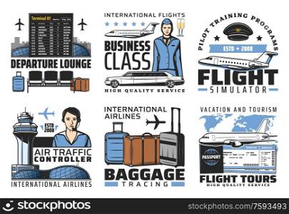 Airport and aviation flight service vector icons. International airlines baggage tracing, flight simulator and departure lounges. Airplane travel, pilot training program, tour, terminal and ticket. Airport and aviation flight service vector icons
