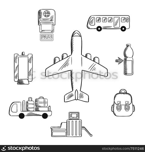 Airport and aviation service icons for infographic design with airplane surrounded by passport control, metal detector and security gate, baggage service and passenger bus, drink and hand baggage. Airport service and aviation sketch icons