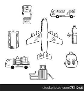 Airport and aviation service icons for infographic design with airplane surrounded by passport control, metal detector and security gate, baggage service and passenger bus, drink and hand baggage. Airport service and aviation sketch icons