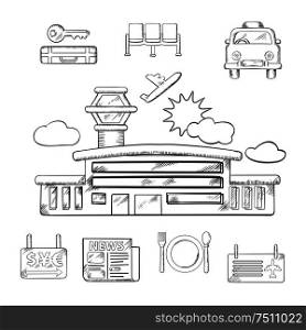Airport and flight service sketch design with airport, taxi, ticket, waiting, baggage, currency exchange and service icons. Sketched vector objects. Airport and flight service sketch design
