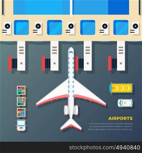 Airport Apron Plane At Jet Bridge . Airport apron planes airfield area with aircraft at jet bridge and ground srvice top view abstract vector illustration