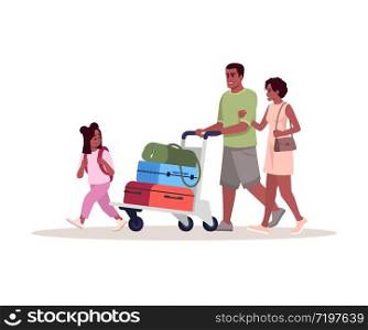 Airport arrival semi flat RGB color vector illustration. Parents with daughter carry baggage. African american family go on holiday. Passengers isolated cartoon character on white background. Airport arrival semi flat RGB color vector illustration. Parents with daughter carry baggage. African american family go on holiday. Passengers isolated cartoon characters on white background