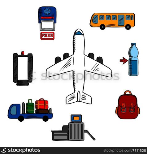 Airport, aviation and airline service icons with airplane surrounded by symbols of passport control, metal detector and security gate, baggage service and passenger bus, drink and hand baggage. Airport service and aviation icons