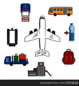 Airport, aviation and airline service icons with airplane surrounded by symbols of passport control, metal detector and security gate, baggage service and passenger bus, drink and hand baggage. Airport service and aviation icons