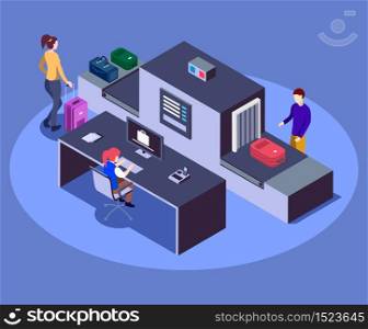 Airport baggage scanner isometric color vector illustration. Modern airline company safety measure 3d concept isolated on blue background. Security worker checking passengers luggage