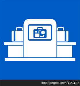 Airport baggage security scanner icon white isolated on blue background vector illustration. Airport baggage scanner icon white