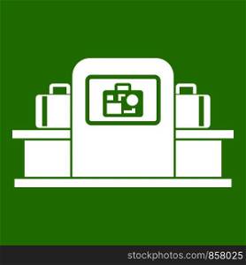 Airport baggage security scanner icon white isolated on green background. Vector illustration. Airport baggage scanner icon green