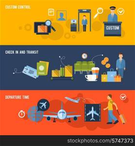 Airport banner set with custom control check in and transit departure time isolated vector illustration