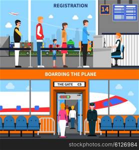 Airport Banners Set. Airport horizontal banners set with registration and boarding symbols flat isolated vector illustration