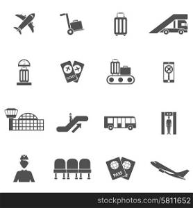 Airport black flat icons set with airplane tickets luggage check isolated vector illustration. Airport Icons Set
