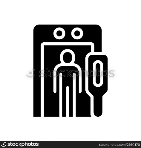 Airport border security black glyph icon. Metal detector. Illicit border crossing and trading prevention. Monitoring and safeguard. Silhouette symbol on white space. Vector isolated illustration. Airport border security black glyph icon