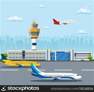 Airport building and airplanes on runway. Control Tower and Airplane on the Background of the city, Travel and Tourism Concept. Airport building and airplanes
