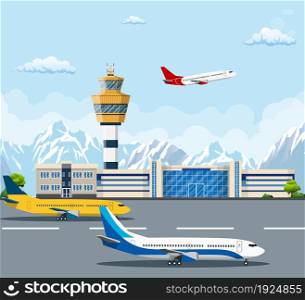 Airport building and airplanes on runway. Control Tower and Airplane on the Background of the mountain, Travel and Tourism Concept. Airport building and airplanes