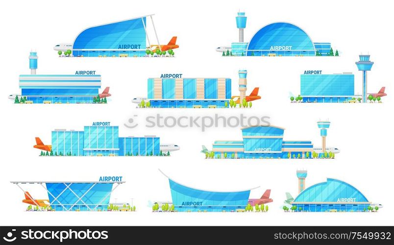 Airport building, modern architecture icons with airplane on runway and passenger terminal infrastructure. Vector isolated icons of city airport with public transport bus, metro and taxi cars. Modern airport passenger terminal building