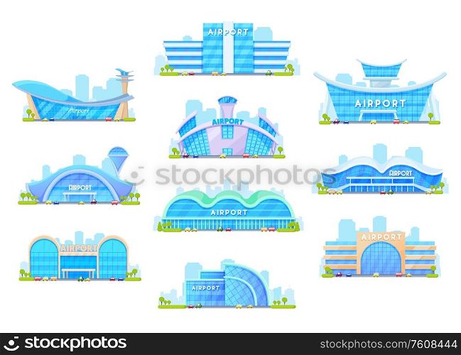 Airport building vector icons of aircraft transport and architecture design. Departure and arrival passenger terminals with traffic control towers, modern glass facades, airfields and parking lots. Airport terminal buildings. Architecture icons