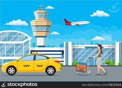 Airport buildings, control tower, female with luggage go on boarding in a taxi. Vector illustration in flat style.. female with luggage go on boarding in a taxi