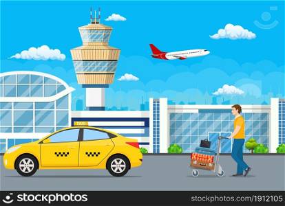 Airport buildings, control tower, male with luggage go on boarding in a taxi. Vector illustration in flat style.. male with luggage go on boarding in a taxi
