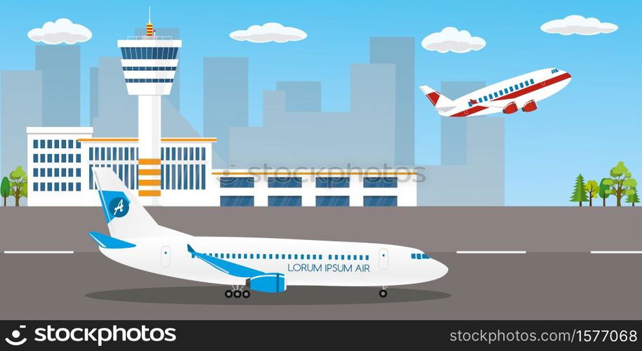 Airport buildings, control tower, runway and takeoff modern aircraft