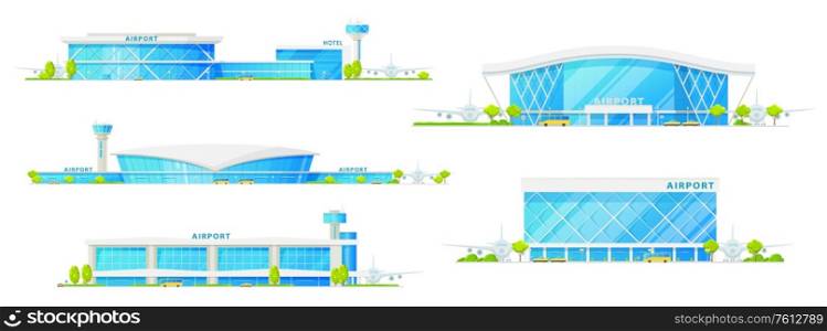 Airport buildings with glass facade vector isolated icons. Airplane runway, control tower, hotel and passenger terminal infrastructure, airport with public transport bus and taxi cars. Airport passenger terminal building icons
