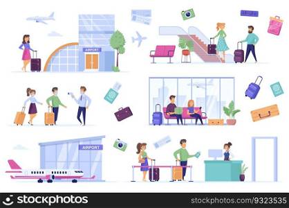 Airport bundle of flat scenes. Airplane boarding isolated set. Tourist with luggage, airport terminal, jet plane, departure lounge, security check elements. Air traveling cartoon vector illustration.
