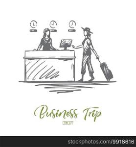 Airport, business trip, design, businesswoman, lifestyle concept. Hand drawn businesswoman with luggage at airport registration concept sketch. Isolated vector illustration.. Airport, business trip, design, businesswoman, lifestyle concept. Hand drawn isolated vector.