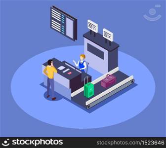 Airport check in counter isometric color vector illustration. Airline company registration desk 3d concept isolated on blue background. Commercial flight passenger checking at reception