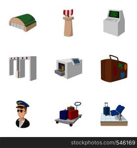 Airport check-in icons set. Cartoon illustration of 9 airport check-in vector icons for web. Airport check-in icons set, cartoon style