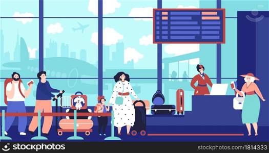 Airport check in queue. Girl waiting plane, travelling people in line. Departure area, persons decent bags and boarding pass vector. Illustration person waiting to check up, queue to travelling. Airport check in queue. Girl waiting plane, travelling people in line. Departure area, persons decent bags and boarding pass vector concept