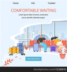 Airport Comfortable Lounge, Waiting Area Service Flat Vector Web Banner, Landing Page. Traveling Man and Woman, Airline Clients, Airplane Passengers Waiting Flight in Airport Terminal Illustration