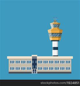 airport control tower and terminal building. vector illustration in flat design on green background. airport control tower and terminal building.